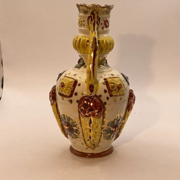 Pompeyi Bejeweled Signed Majolica Ceramic Vase Double Handle Gold Embossed - Picture 4 of 13